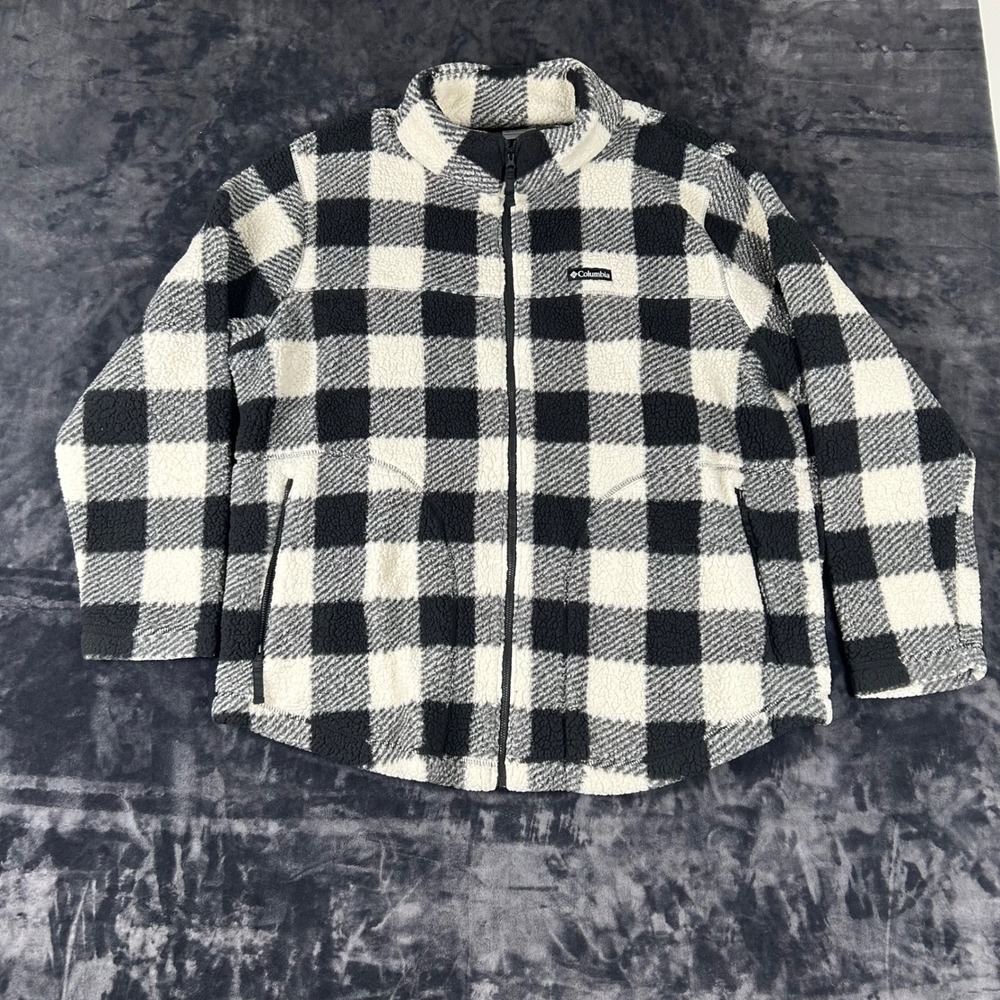 Columbia Fleece Jacket Womens 3X Black White Buffalo Plaid Sherpa Full Zip